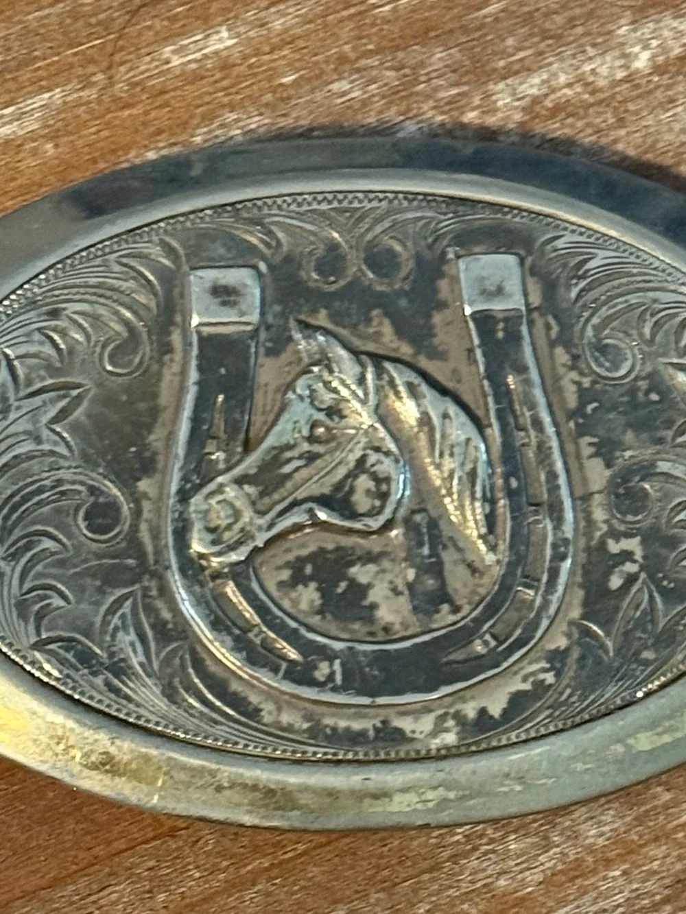 Vintage Western Silver Oval Belt Buckle Horse Horseshoe Engraved